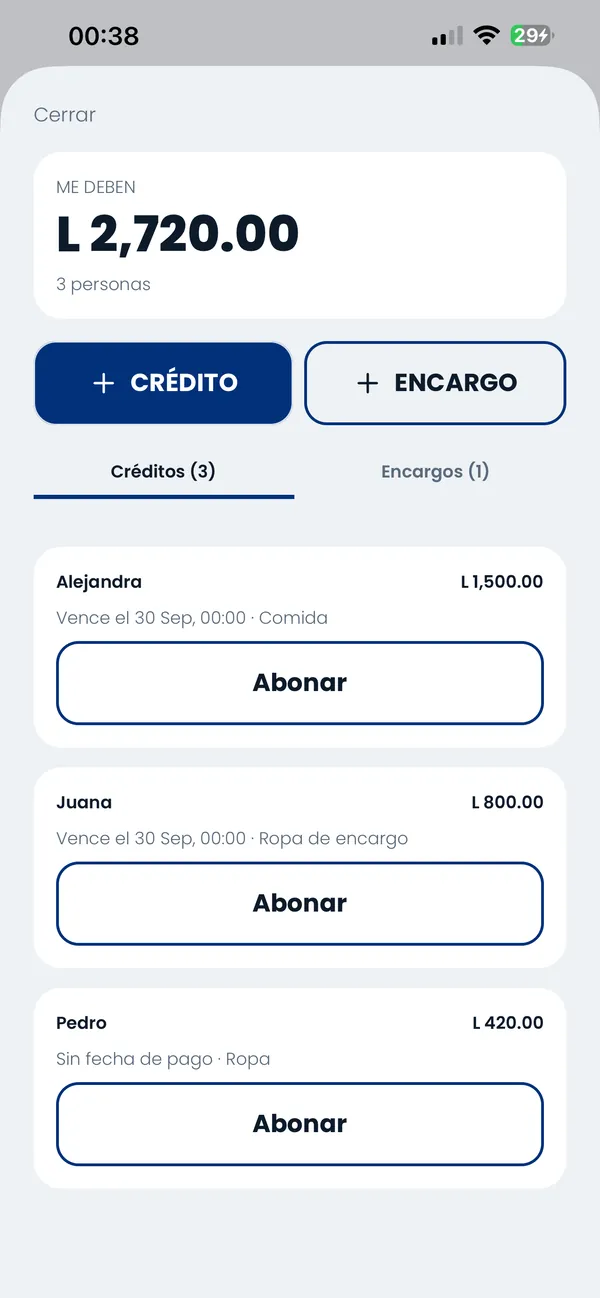 Pantalla de fiados: arriba el total, L 2,720.00 repartido entre tres personas, y debajo cada crédito con su monto, su fecha de vencimiento y un botón para abonar.