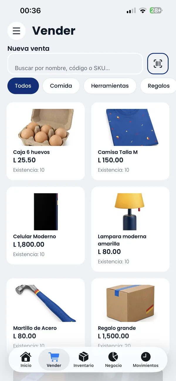 Pantalla de vender: un buscador con lector de código de barras, filtros por categoría, y los productos con su foto, su precio y su existencia.